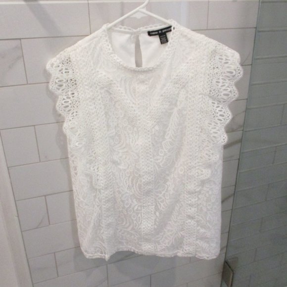 CABLE & GAUGE WHITE COTTON BLEND LACEY TOP. FULLY LINED SIZE SM - Picture 3 of 12